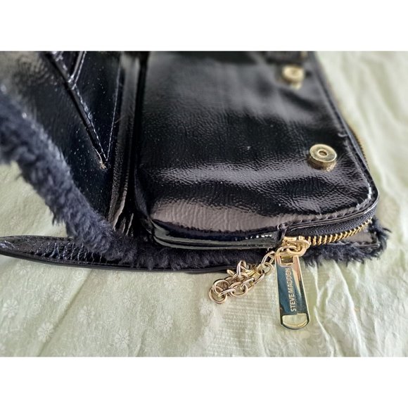 Steve Madden Fuzzy Black Clutch Handbag Purse with Gold Chain and Patent Leather - Picture 7 of 9